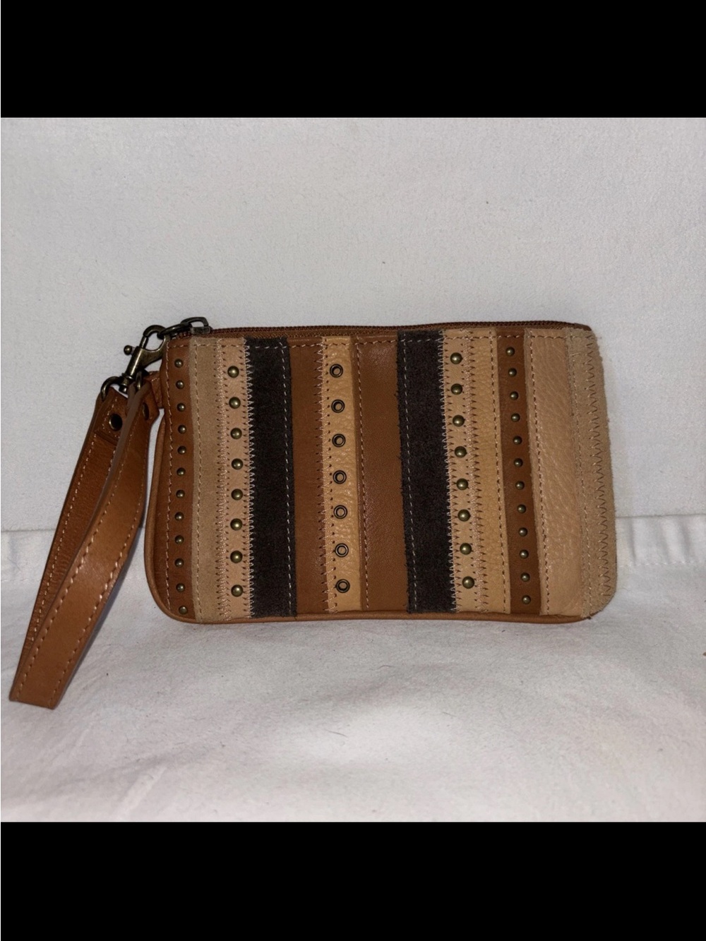 Fossil Striped Studded Wristlet Clutch in Brown and Tan